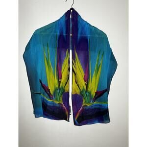 Cocoon House Handmade Silk Crepe Scarf Teal Bird of Paradise Abstract Floral Art